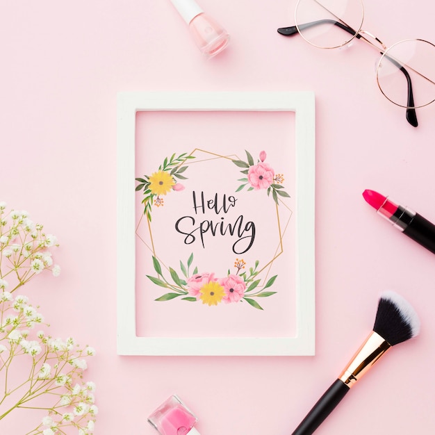 top view of frame with make-up essentials