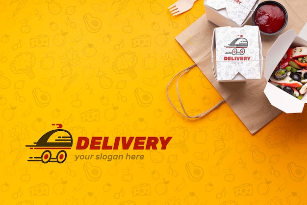 PSD top view free food delivery assortment with background mock-up