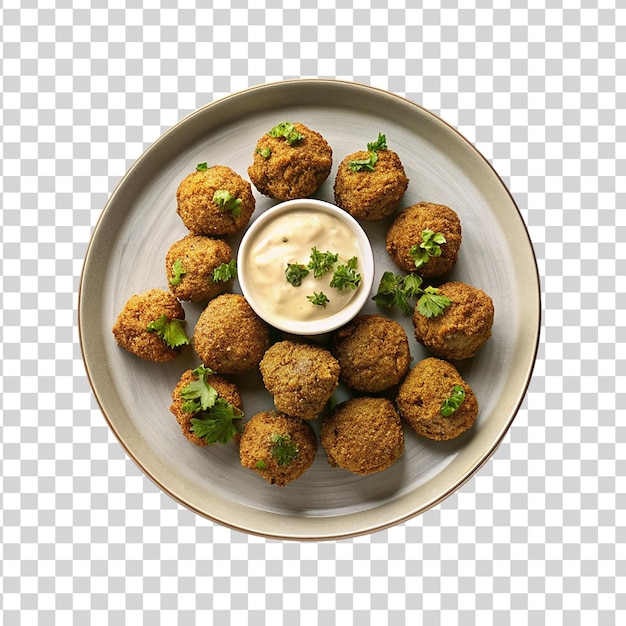 PSD vista dall'alto di palline di falafel fritte con prezzemolo su piatto isolato su uno sfondo trasparente