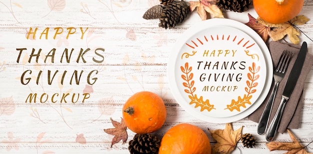 PSD top view fruit and dried leaves thanksgiving mock-up