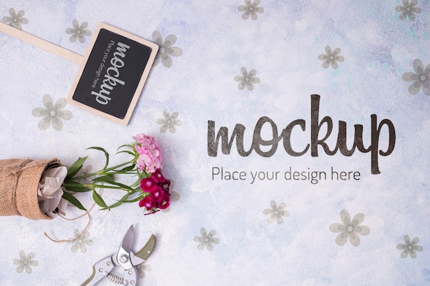 top view gardening elements with small blackboard mock-up