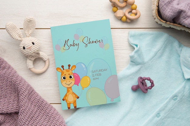 PSD mockup di invito per baby shower ragazza vista dall'alto