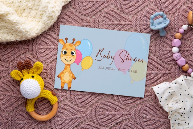 PSD top view girl baby shower invitation mockup