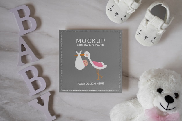 top view girl baby shower items