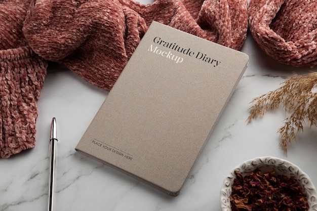 PSD top view gratitude diary mockup