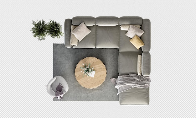 Top view of gray sofa and table on white background