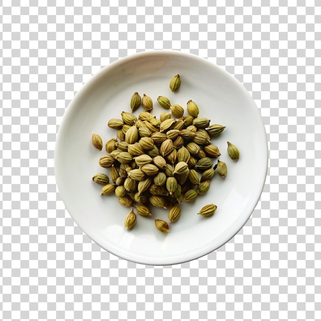 Top view of green cardamom seeds in bowl isolated on transparent background