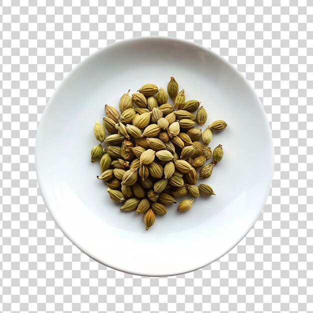 PSD top view of green cardamom seeds in bowl isolated on transparent background