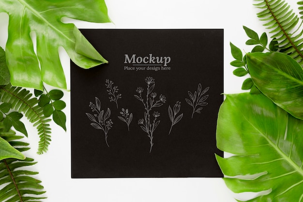 Mockup blank paper notebook and green leaf on a gray background. Flat lay,  top view Stock Photo by lyulkamazur