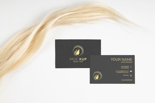 Top view hair extensions and business cards