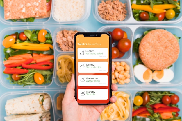 Top view of hand holding smartphone with planned meals