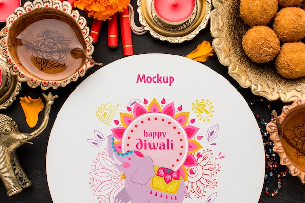 PSD top view happy diwali festival mock-up arrangement