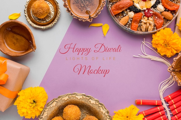 Top view happy diwali festival mock-up lettering