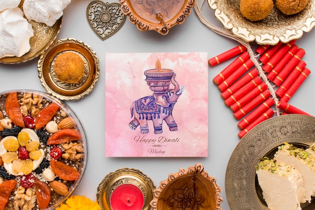 Top view happy diwali festival mock-up with delicious food