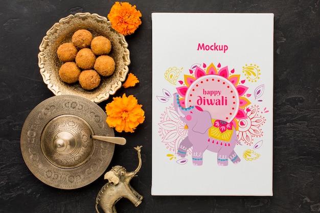 Top view happy diwali festival mock-up with sweets