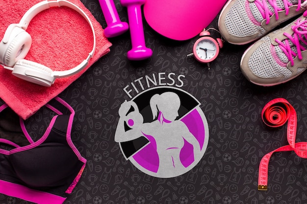 Top view headphones and fitness equipment