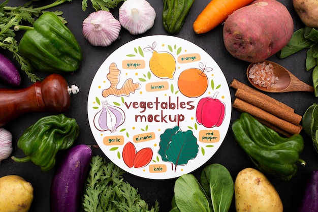 PSD vista dall'alto del mock-up del concetto di verdure sane