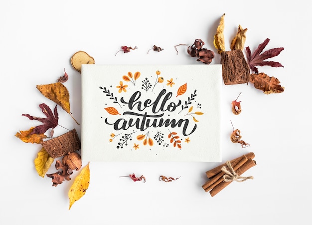 PSD top view of hello autumn paper and colorful leaves