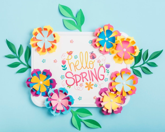 PSD top view hello spring lettering frame