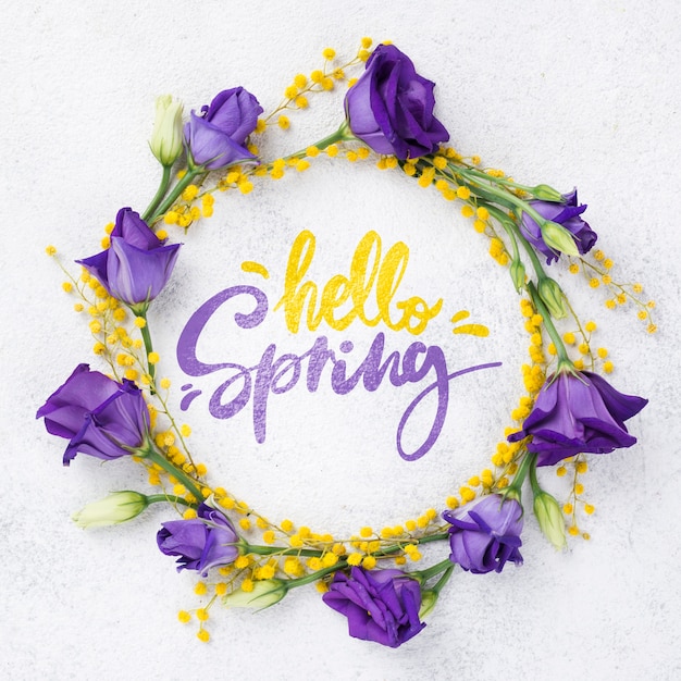 PSD top view hello spring mockup with flowers