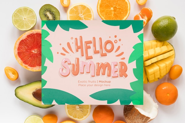 Top view hello summer with exotic fruits