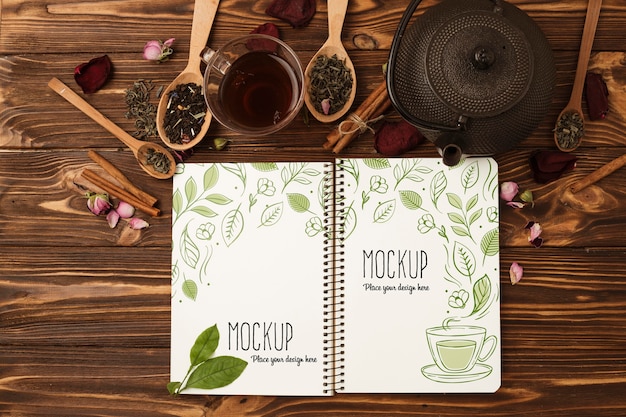 PSD top view of herbal tea concept mock-up