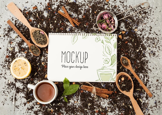 PSD top view of herbal tea concept mock-up