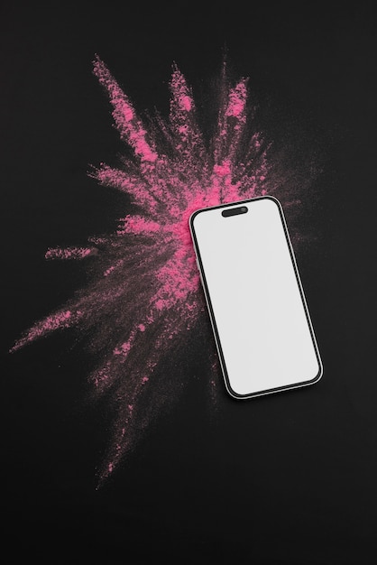 PSD top view holi festival with  smartphone mockup