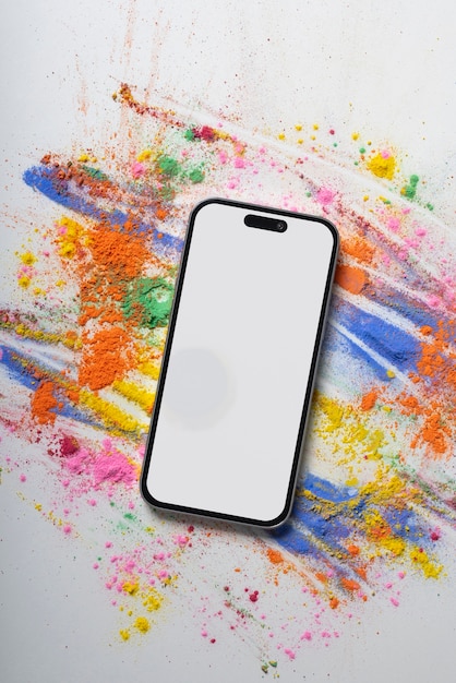 PSD top view holi festival with  smartphone mockup