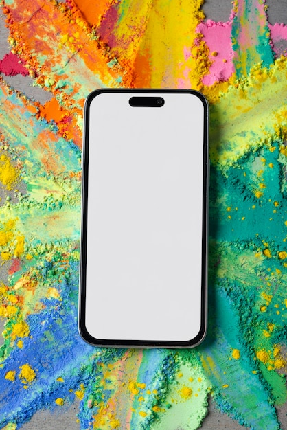 PSD top view holi festival with  smartphone mockup