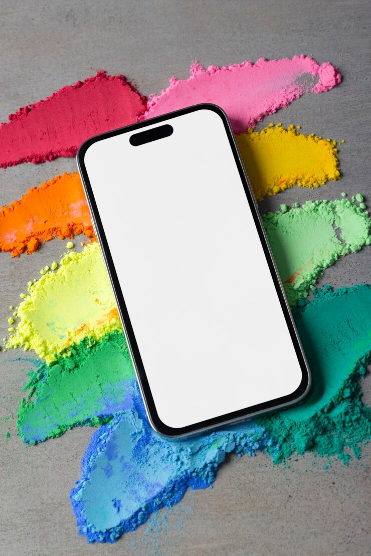 PSD top view holi festival with  smartphone mockup