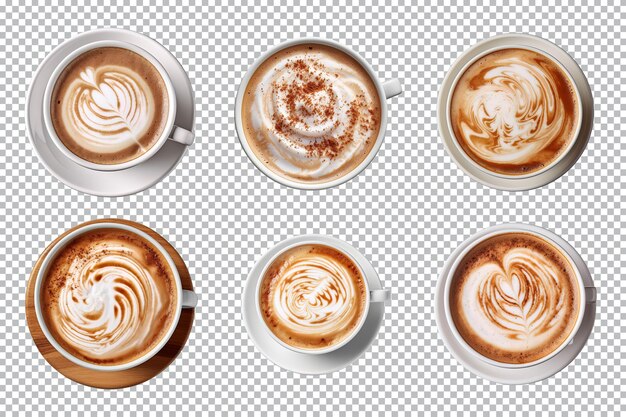 PSD top view of hot coffee cappuccino latte with foam collection isolated on transparent background