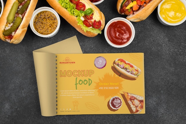 PSD top view over hot dog mockup design