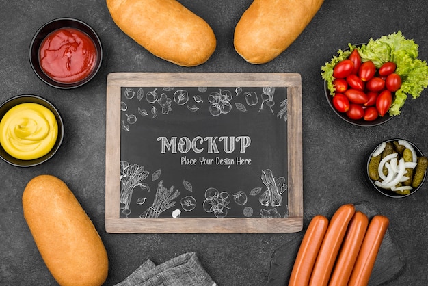 PSD top view over hot dog mockup design