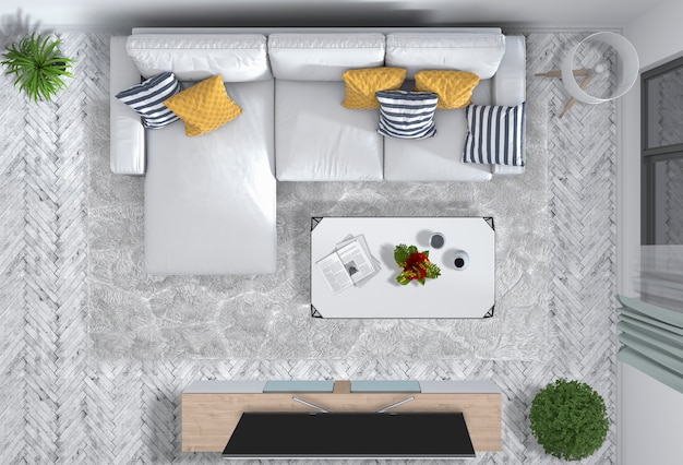 PSD top view of interior living room with smart tv in 3d rendering