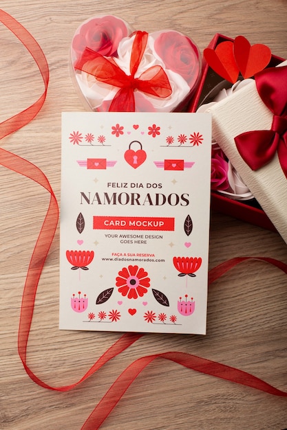 PSD top view on invitation mockup with dia dos namorados design