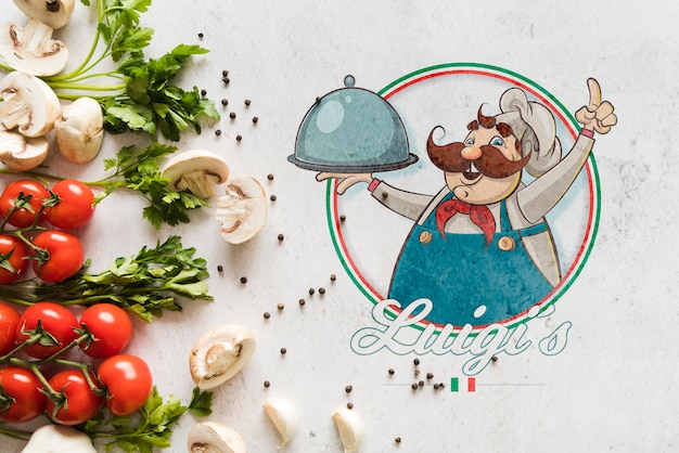 Vista dall'alto ingredienti alimentari italiani con logo