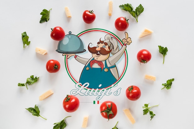 PSD top view italian food ingredients with white background