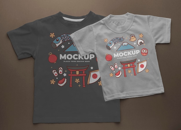 Disposizione mock-up di t-shirt giapponese vista dall'alto