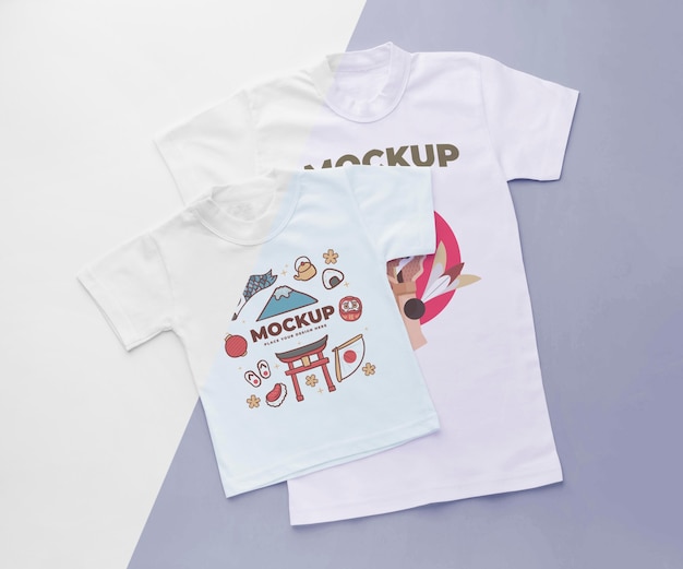 PSD top view japanese t-shirt mock-up assortment