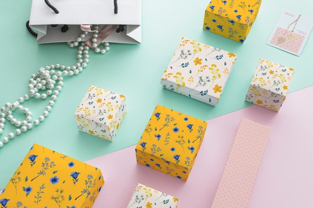 top view jewelry and packaging mockup