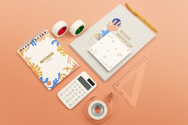 PSD top view on kid stationery set mockup