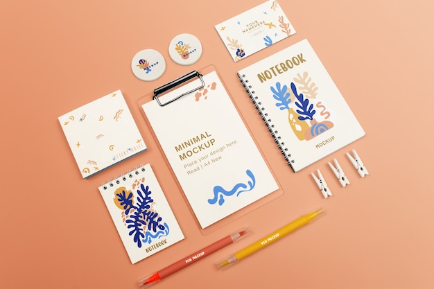 PSD top view on kid stationery set mockup