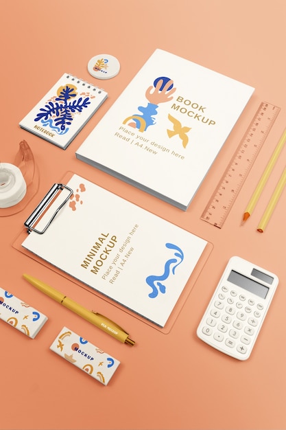 PSD top view on kid stationery set mockup