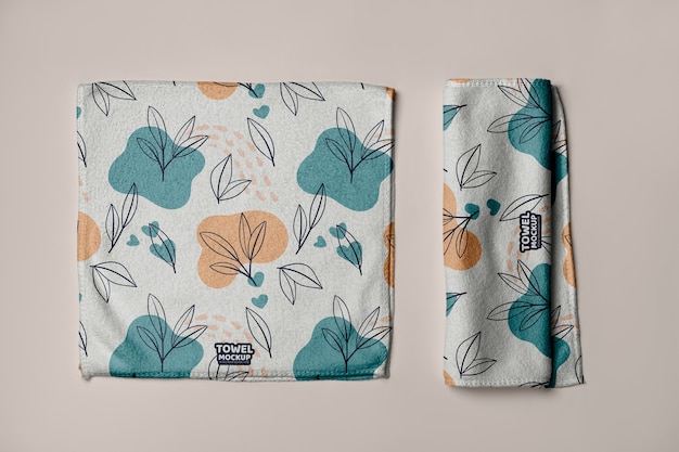 Top view kitchen towel with leaves