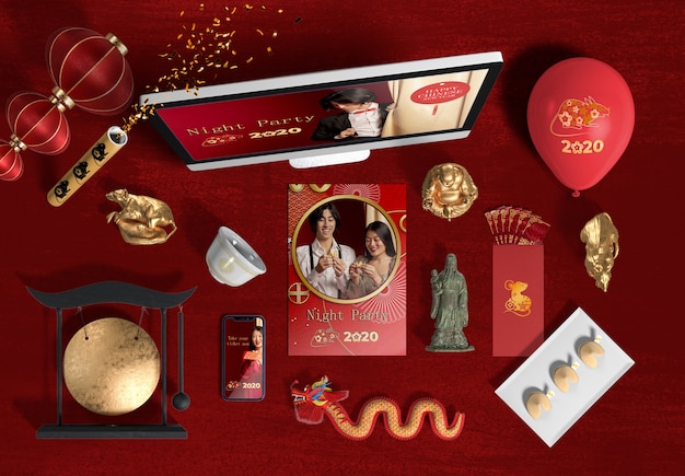 top view laptop and accessories for new year chinese