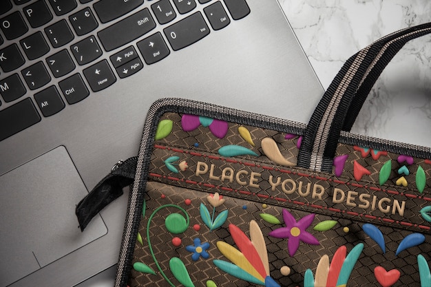 PSD top view on laptop case mockup