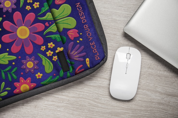 PSD top view on laptop case mockup