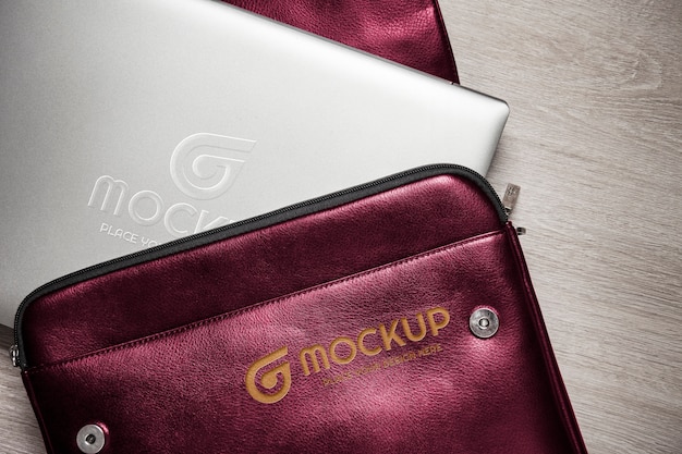 PSD top view on laptop case mockup