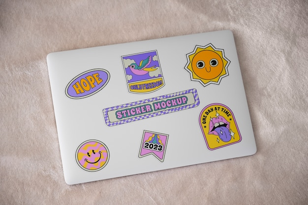 PSD top view laptop sticker mockup